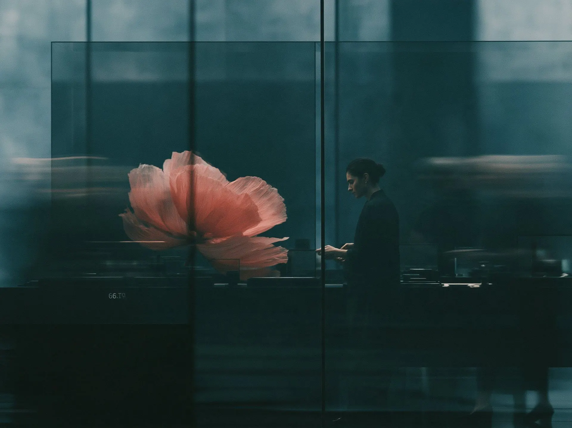 A pink poppy glows behind dark shop glass while a woman works at the counter